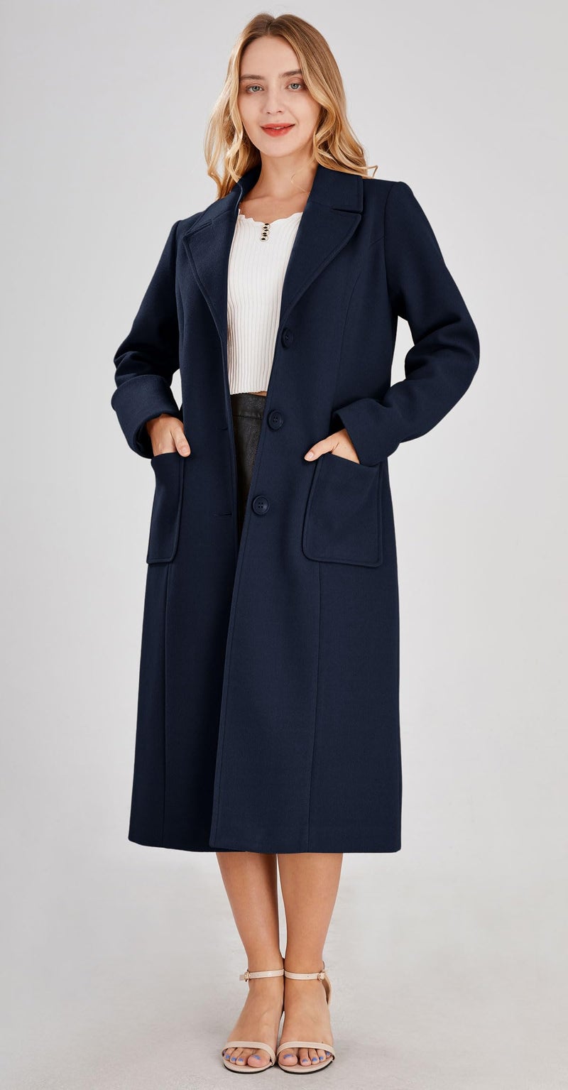 chouyatou Women's Big Notch Lapel Single Breasted Mid-Long Wool Blend Coat (Medium, Navy Blue) - Image 1